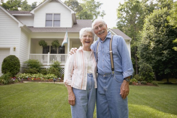 Elderly Senior Home Care Laughing Couple Front Yard
