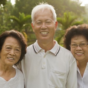 Three Senior Asian Smiling happily at park in a morning.
